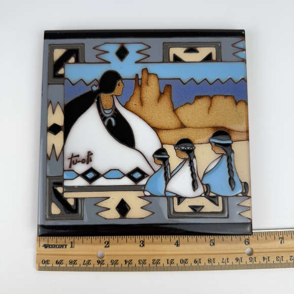 Vtg Earthtones Southwestern Trivet Tile by Tu-ofi Woman And Children Blue 6"x6" - Picture 10 of 10